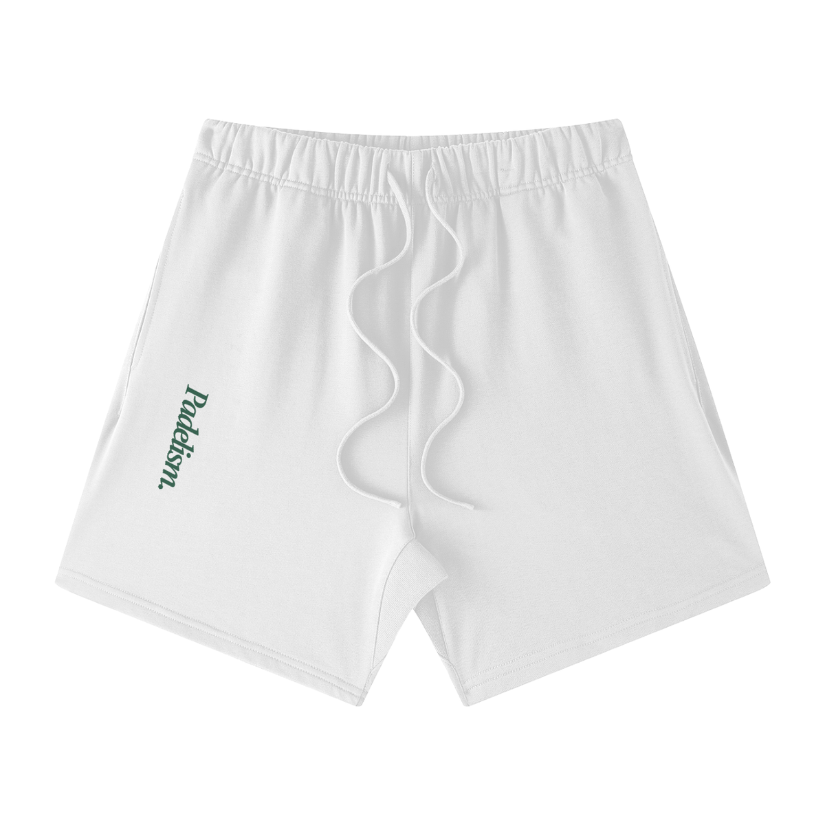 White off-court shorts with elastic waistband, drawstring, and side logo patch