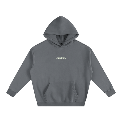 Gray box hoodie with hood, front kangaroo pocket, and small chest logo.