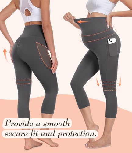 BLONGW 3 Pack Maternity Capri Leggings with Pockets Over The Belly Pregnancy Yoga Pants Activewear Soft Workout Leggings