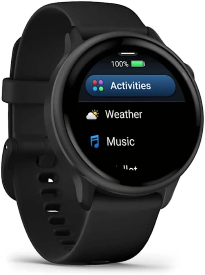 Black Garmin smartwatch with round touchscreen showing Activities, Weather, and Music icons.