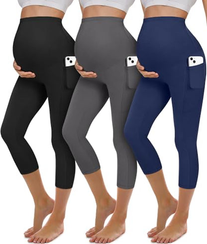 BLONGW 3 Pack Maternity Capri Leggings with Pockets Over The Belly Pregnancy Yoga Pants Activewear Soft Workout Leggings