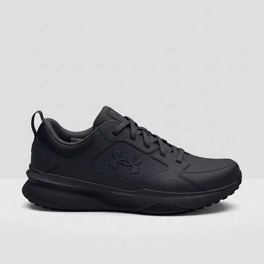 Black training shoes with lace-up closure and Under Armour logo on the side.
