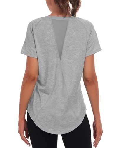 Jlowesun Women's Gym Shirts, Short Sleeve Lightweight Moisture Wicking Quick Dry Back Mesh Loose Fit Sports Tops for Ladies