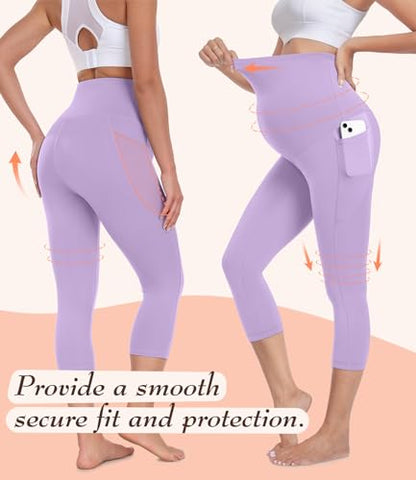 BLONGW 3 Pack Maternity Capri Leggings with Pockets Over The Belly Pregnancy Yoga Pants Activewear Soft Workout Leggings