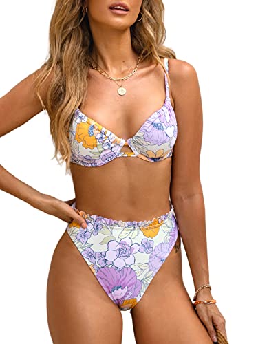 CUPSHE Women Bikini Set High Waisted Swimming Costume Drawstring Floral Bathing Suit with Underwire Swimsuit Two Piece