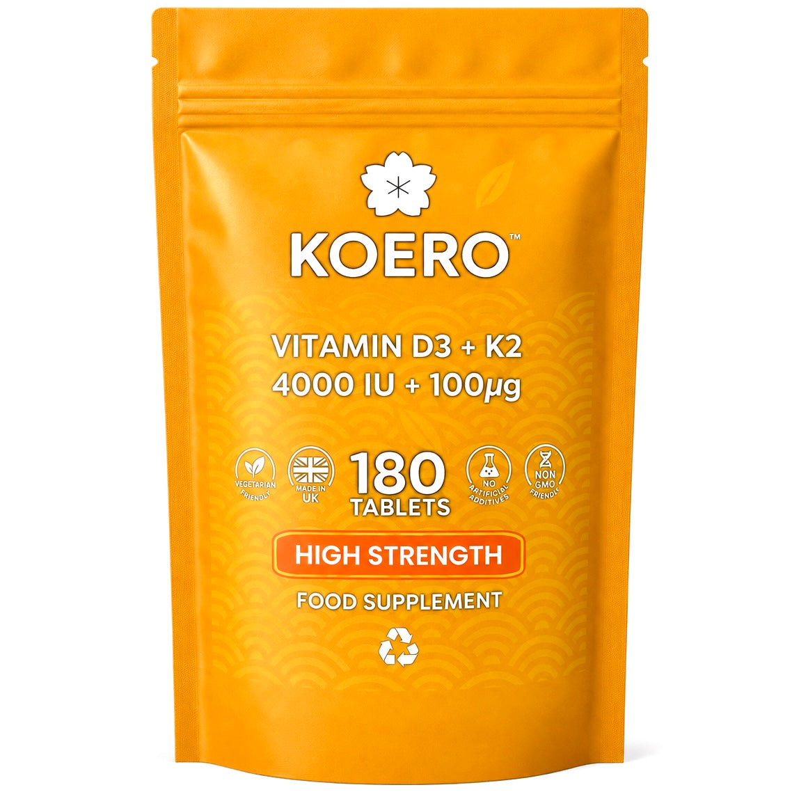 KOERO Vitamin D3 + K2 supplement pouch, orange front with 180 tablets and high strength text