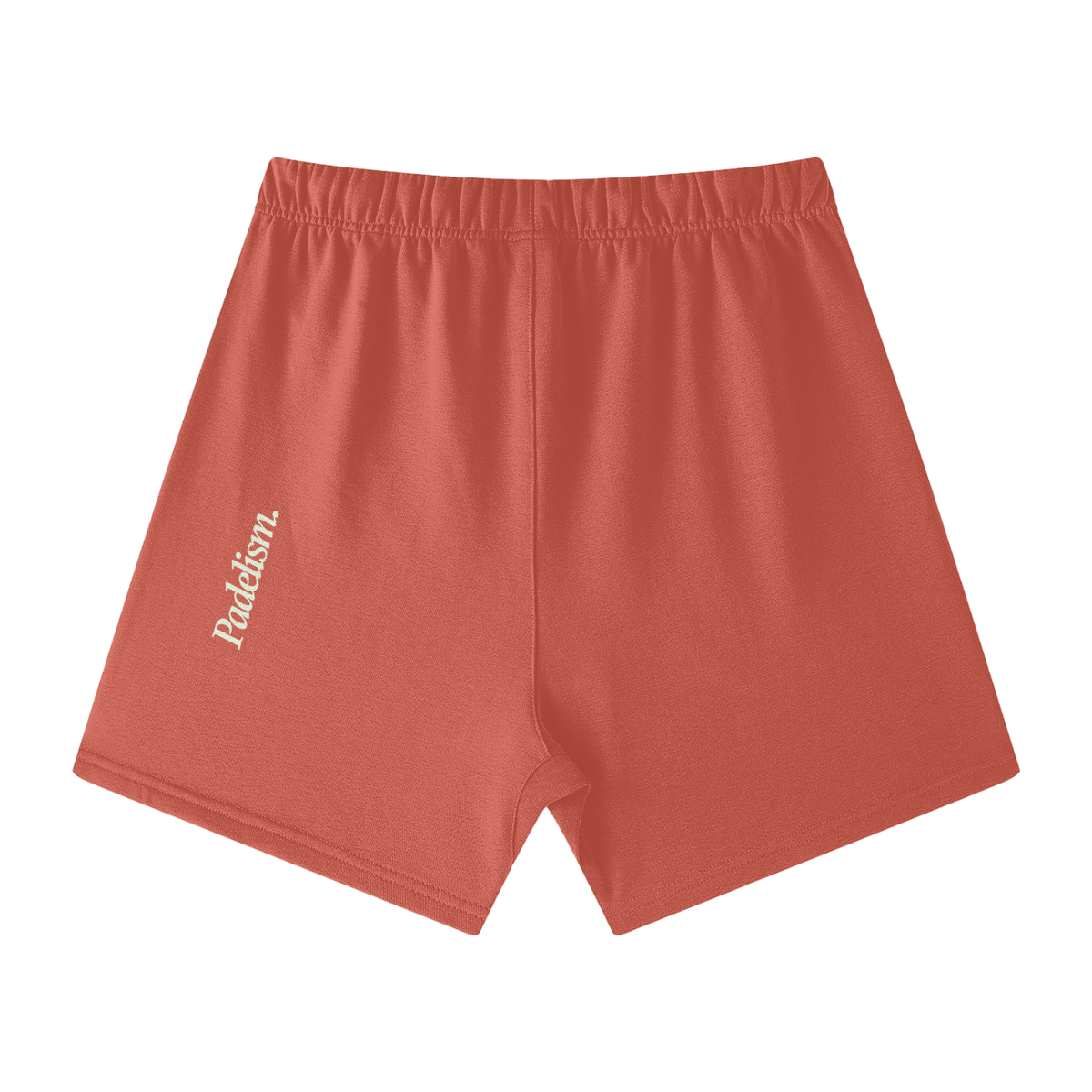 Coral off-court shorts with elastic waistband, front drawstring, and side logo
