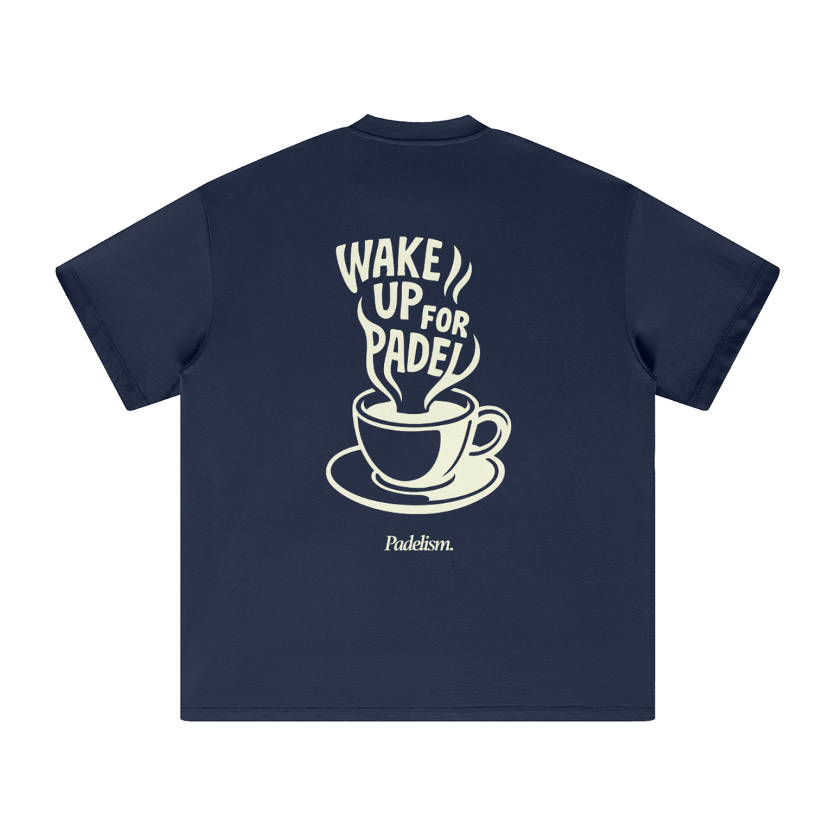 Navy heavyweight T-shirt, back coffee graphic and text, crew neck, Padelism.