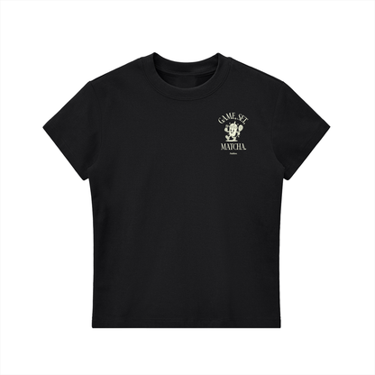 Black crewneck T-shirt with small chest logo graphic, short sleeves