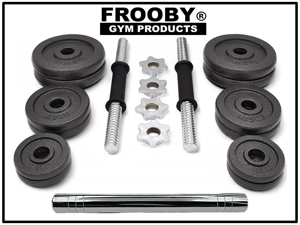 Black weight plates, threaded dumbbell bars, and chrome spring handles in box