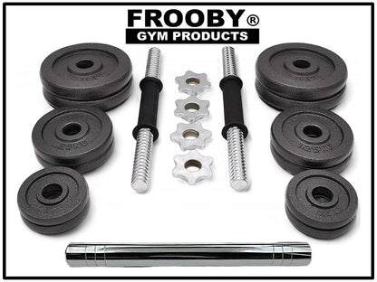 Black weight plates, threaded dumbbell bars, and chrome spring handles in box