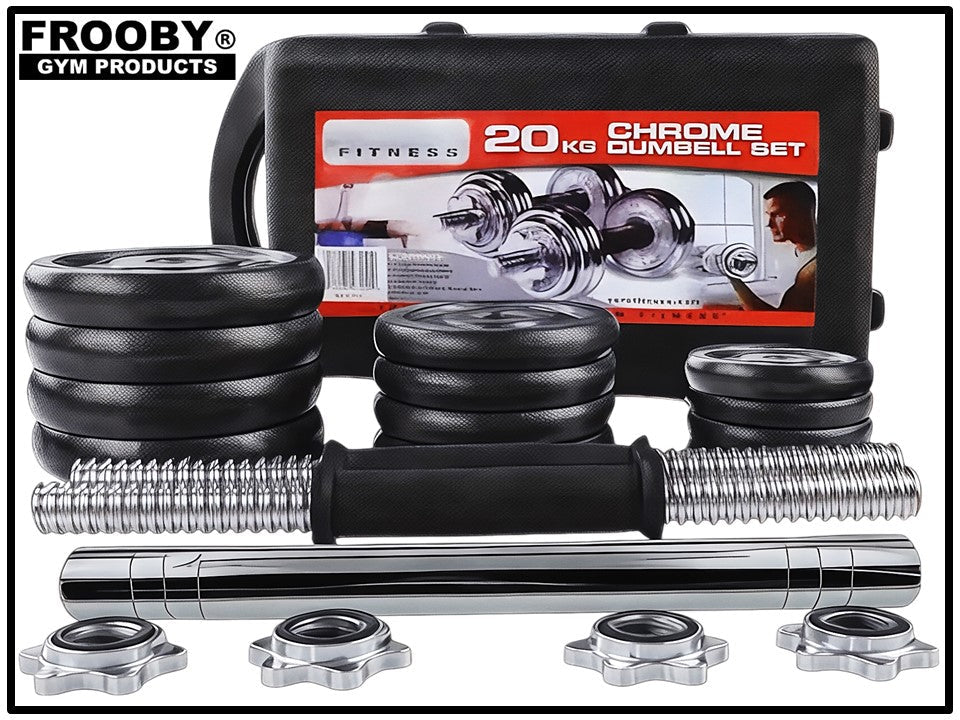 Chrome barbell pieces, black rubber weight plates, and 20kg dumbbell set case