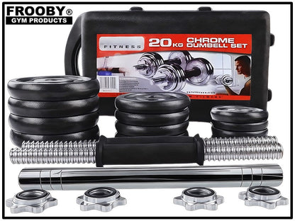 Chrome barbell pieces, black rubber weight plates, and 20kg dumbbell set case