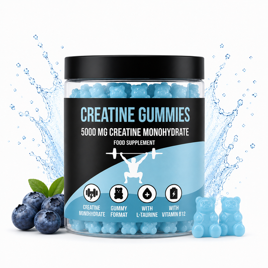 Creatine gummy supplement jar with blue gummy pieces and blueberries, black lid