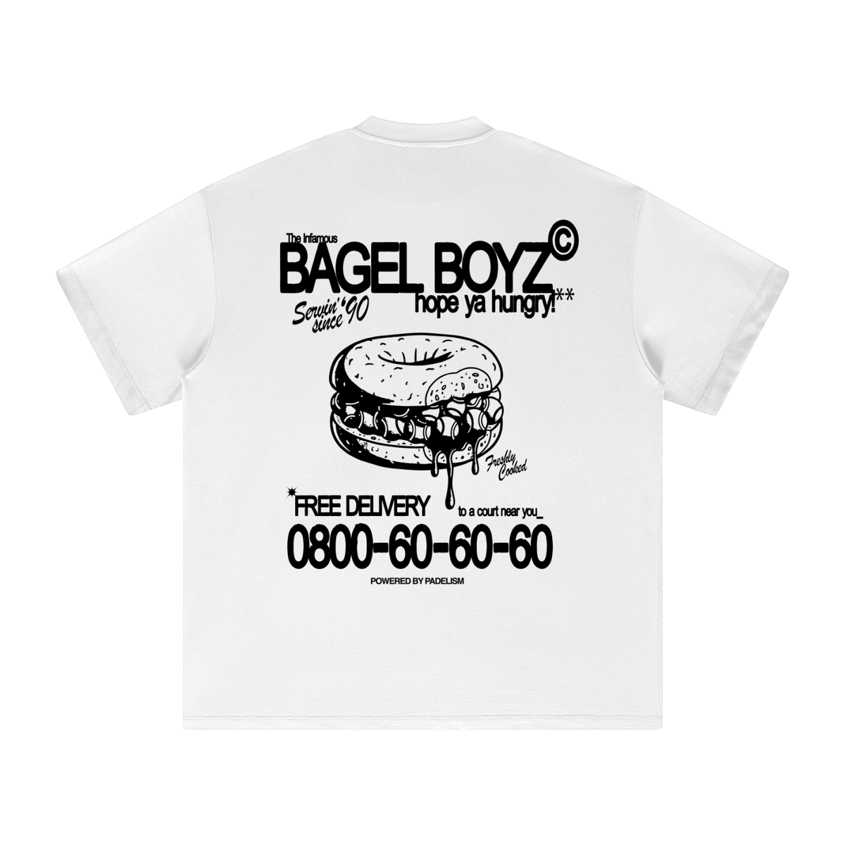 Heavyweight T-shirt in white with Bagel Boyz back graphic and phone number