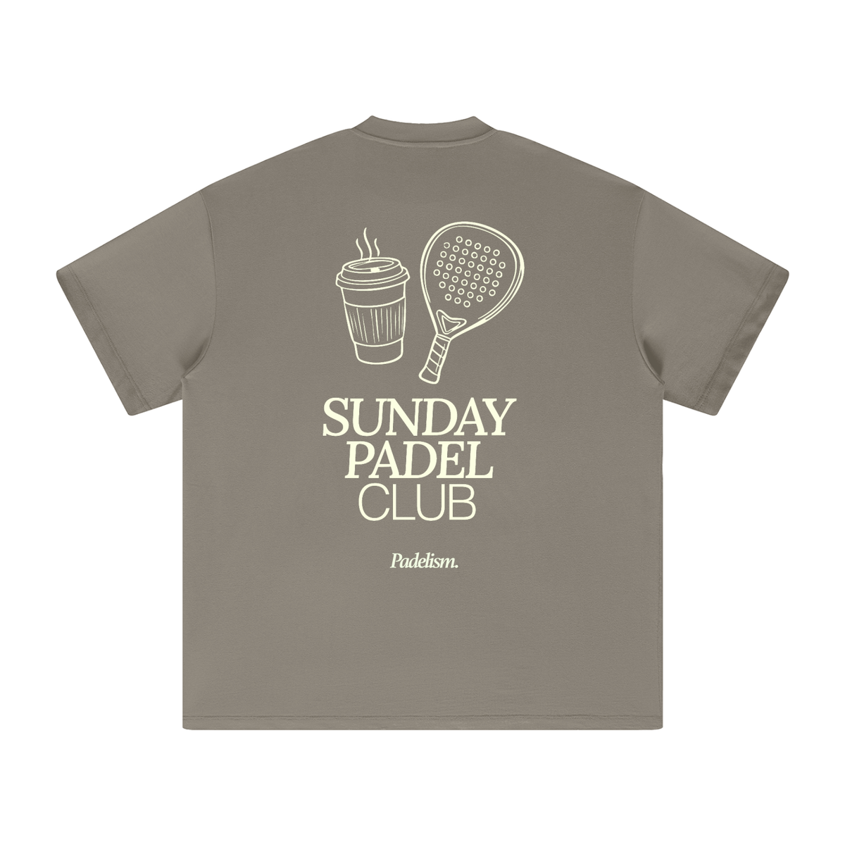 Heavyweight T-shirt, gray camel, back graphic with “Sunday Padel Club” and logo