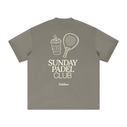 Heavyweight T-shirt, gray camel, back graphic with “Sunday Padel Club” and logo