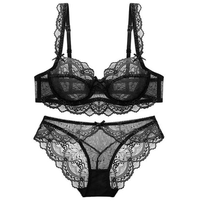 Black lace sheer bra and lace panty set with sheer cups and lace trim