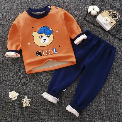 Children's thermal underwear set, orange bear graphic top with dark blue pants