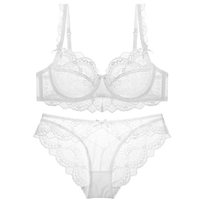White lace sheer bra and lace panty set with sheer cups and lace trim