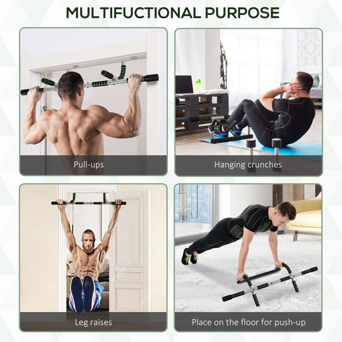 Doorway pull-up bar for strength workouts with foam-padded, green-black grips