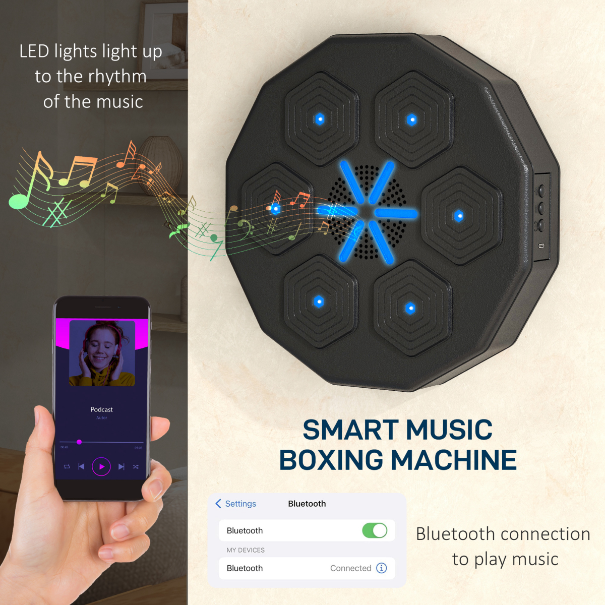 Smart music boxing machine with blue LED pad lights and Bluetooth music phone screen