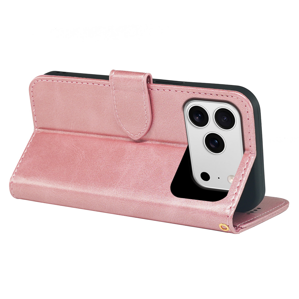 Rose pink leather-look wallet case with flip stand, showing camera cutout.