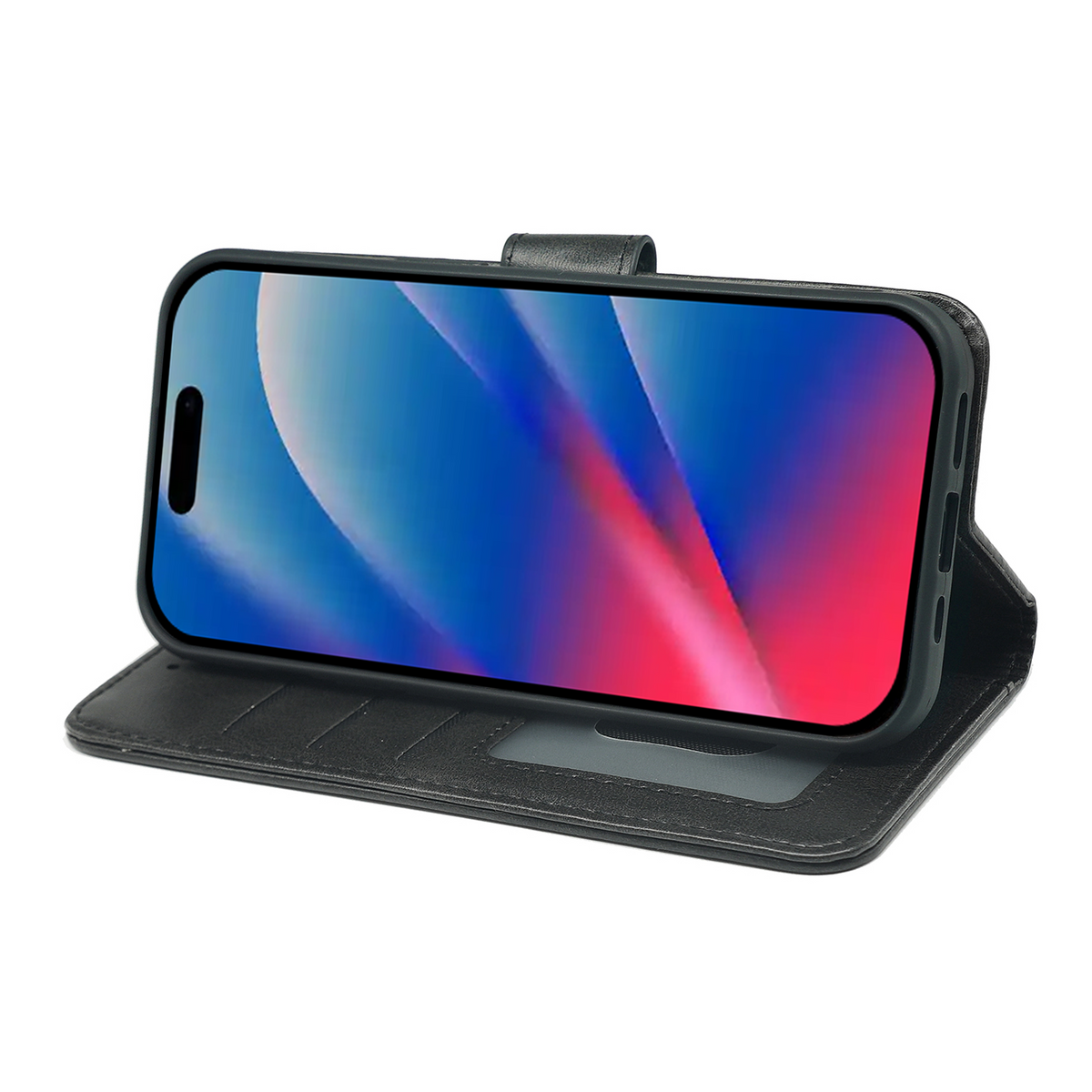 Dark gray leather-look wallet case with kickstand for phone viewing