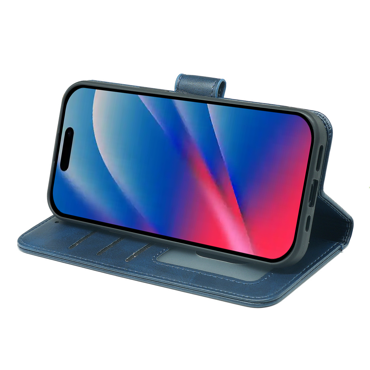 Leather-look wallet case for iPhone in blue, folio with kickstand viewing stand