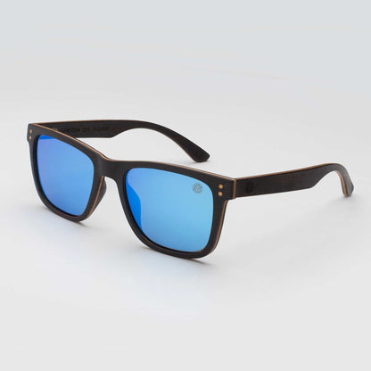 Wood-look sunglasses with blue mirrored lenses and black frames