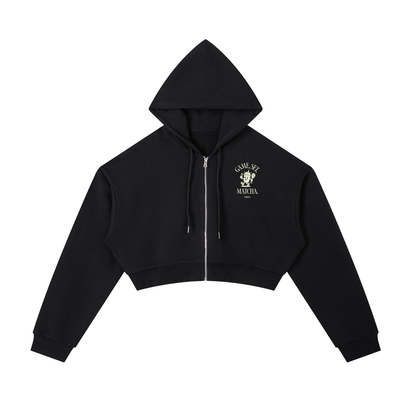 Black cropped zip hoodie with hood, drawstrings, and small chest logo