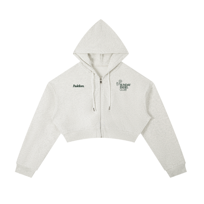Light gray cropped zip hoodie, hooded sweatshirt with drawstrings and front logo detail