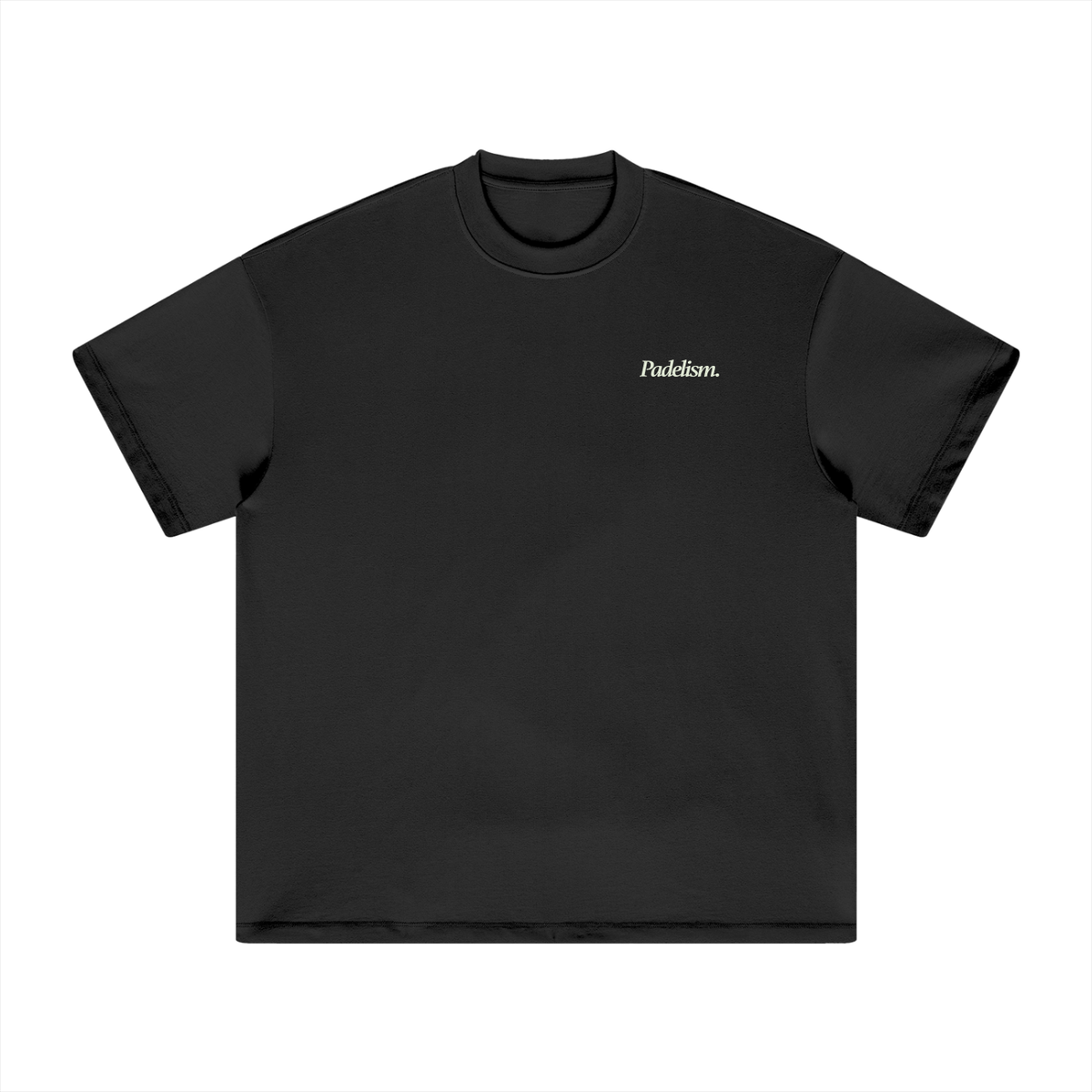Black heavyweight t-shirt with small "Padelism." logo on chest