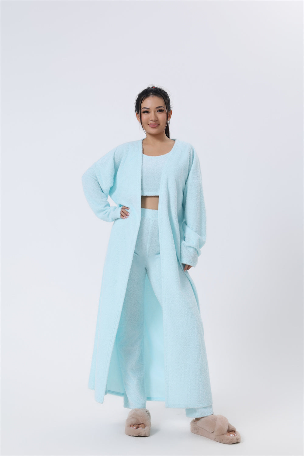 Light blue 3-piece pajama set with crop tank, pants, and long cardigan robe