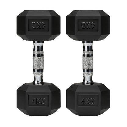 Rubber-coated hex dumbbell pair, black with silver knurled handles, 4 kg labels