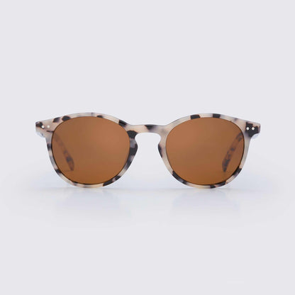 Leopard-print sunglasses with round frames and brown tinted lenses