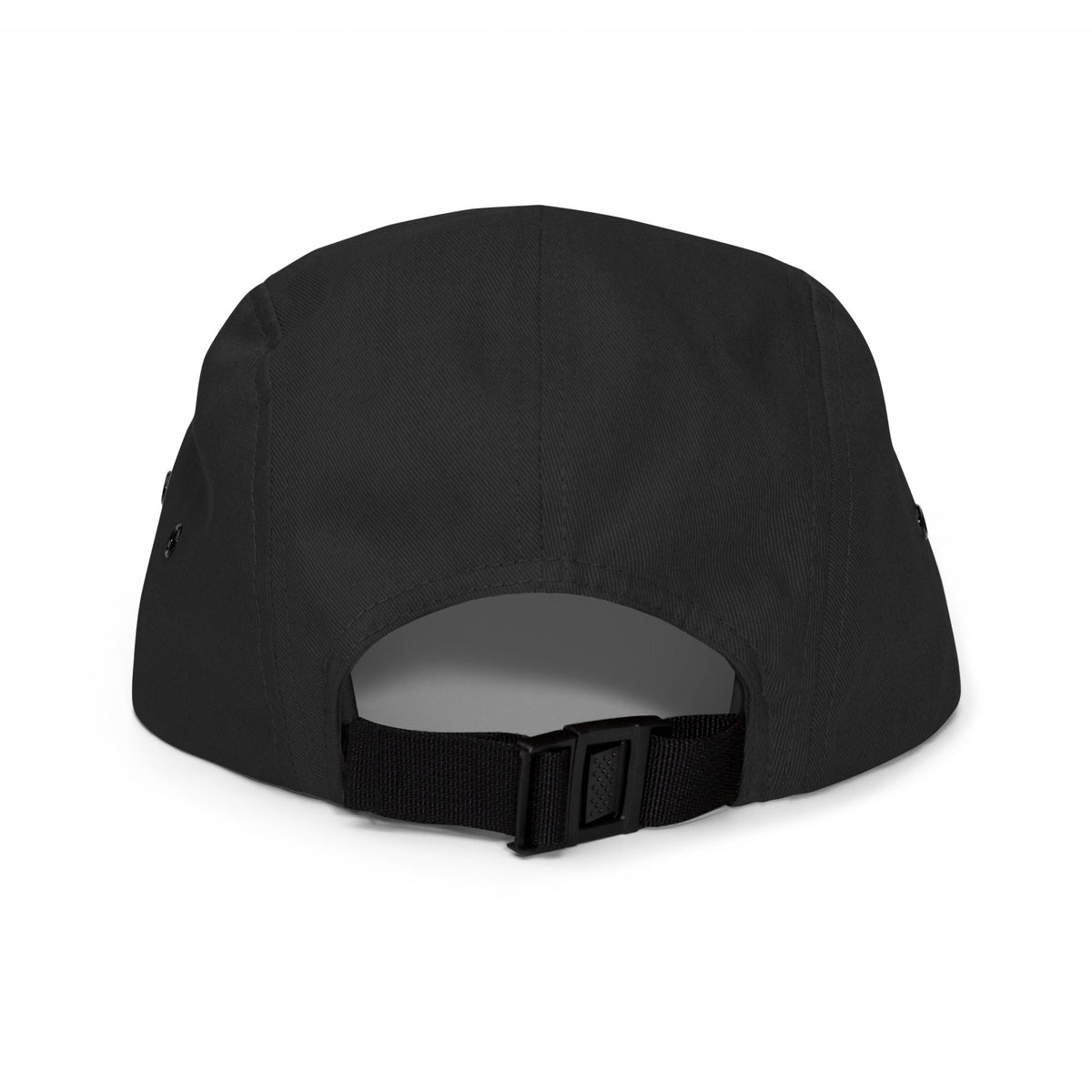 Black five-panel cap, back view with adjustable strap and eyelets.