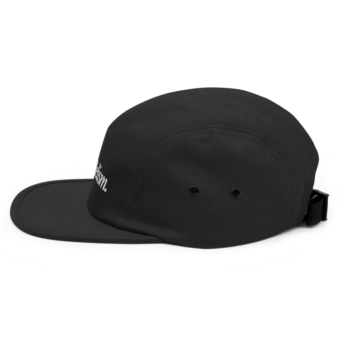 Black five-panel cap side view with small eyelets and adjustable strap.