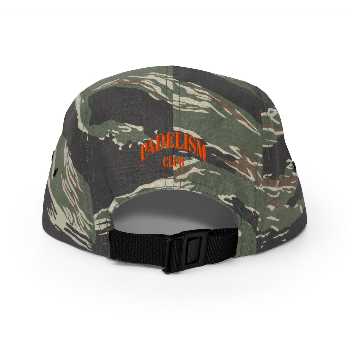 Camo five-panel cap with black adjustable strap and 'Padelism' logo