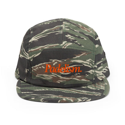 Camo five-panel cap with orange 'Padelism' logo and flat brim