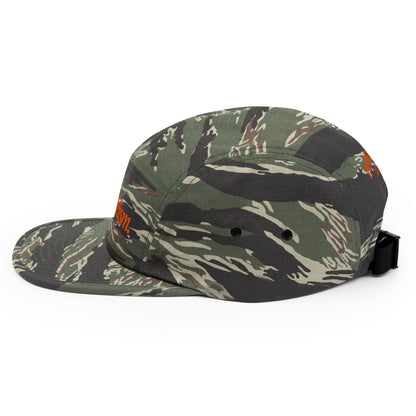 Camo five-panel cap with orange 'Padelism' logo, side profile