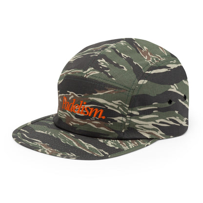 Camo five-panel cap with orange 'Padelism' logo and angled side view