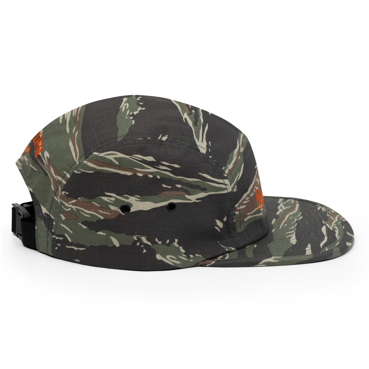 Camo five-panel cap with 'Padelism' orange logo and adjustable strap