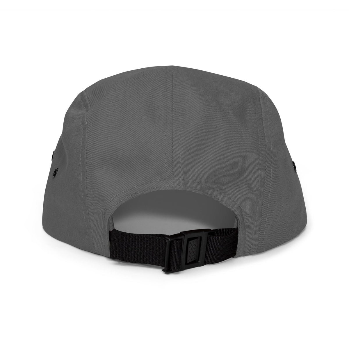 Grey five-panel cap, back view with adjustable strap and eyelets.