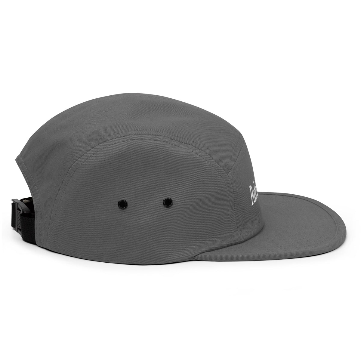 Grey five-panel cap with curved brim; ventilation eyelets visible