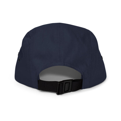 Navy five-panel cap, back view with adjustable strap and eyelets.