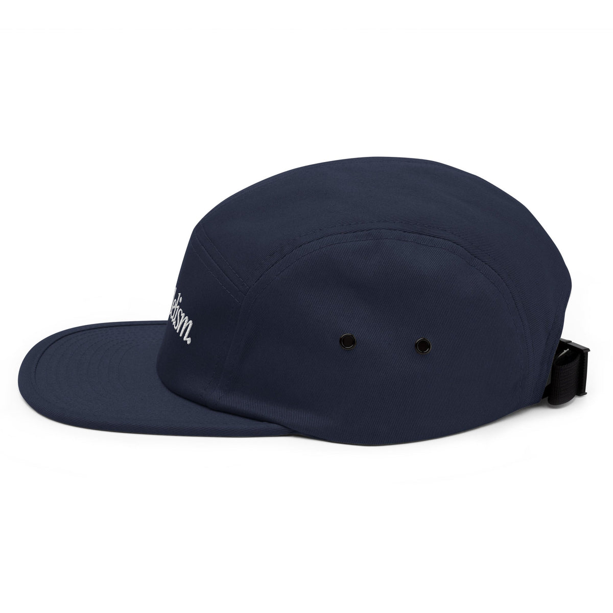 Navy five-panel cap side view with small eyelets and adjustable strap.
