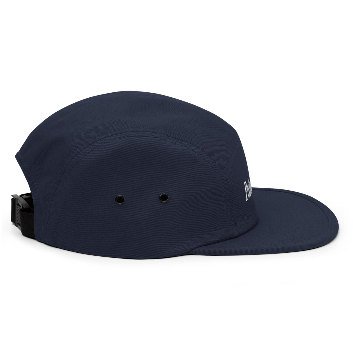 Navy five-panel cap with curved brim and ventilation eyelets