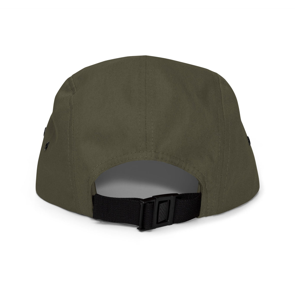 Olive five-panel cap, back view with adjustable strap and eyelets.