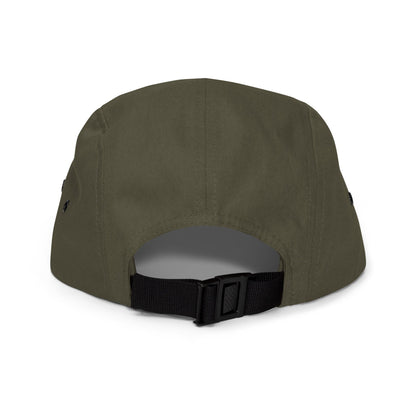 Olive five-panel cap, back view with adjustable strap and eyelets.